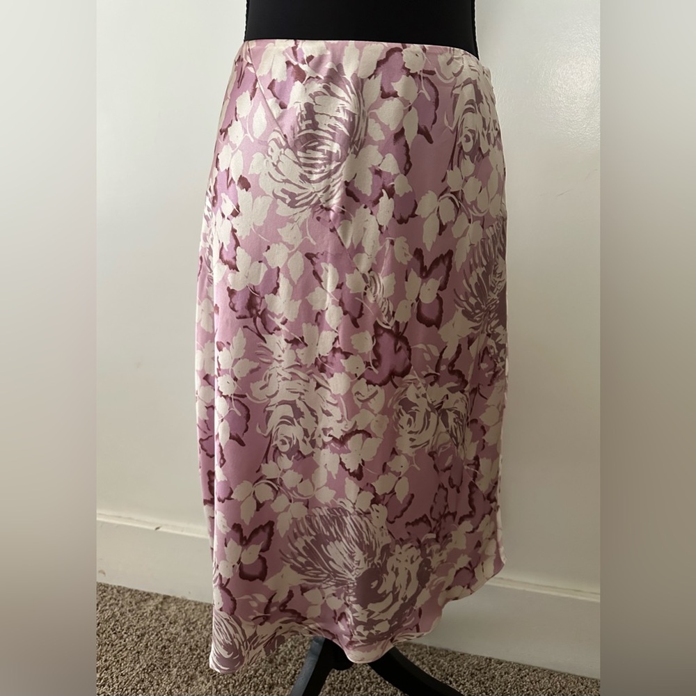 Vintage Silk Charmeuse Asymmetrical Floral Slip Skirt Abstract Lavender Sz 8